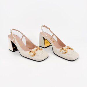 Gucci Baby Horsebit Slingback Pumps Size 39.5 US 9.5 White Block Heel Square Toe
